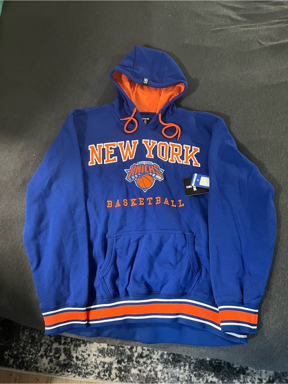New York Knicks Unk Blue Pullover Hoodie with Orange Trim and front pocket! NWT